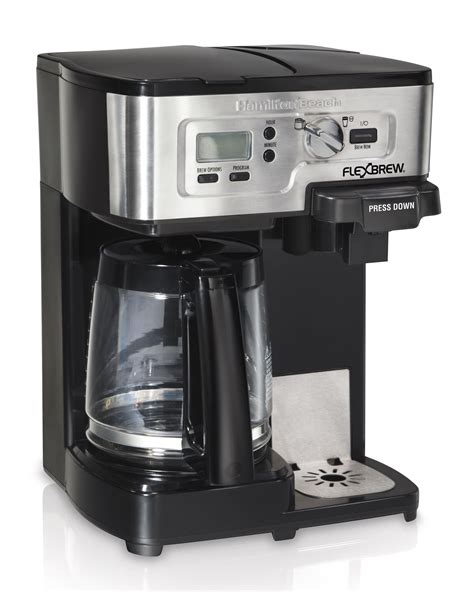 Hamilton beach flexbrew 2-way coffee maker - 2 easy-fill reservoirs and easy-view water windows . Single serve side: Brew up to10 oz. with K-Cup®* pack or 14 oz. with ground coffee; Includes single-serve pack holder and …
